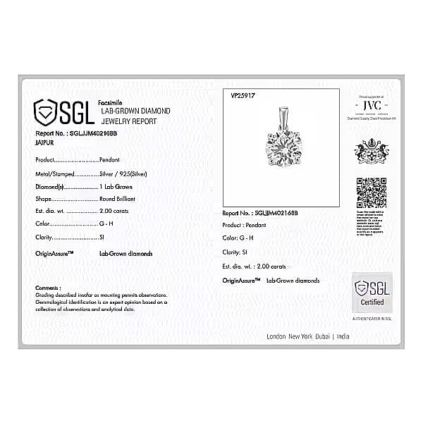 Luxuriant - SGL Certified Lab Grown Diamond (SI-G-H) Pendant with Chain (Size 20) in Rhodium Overlay Sterling Silver 2.00 Ct.