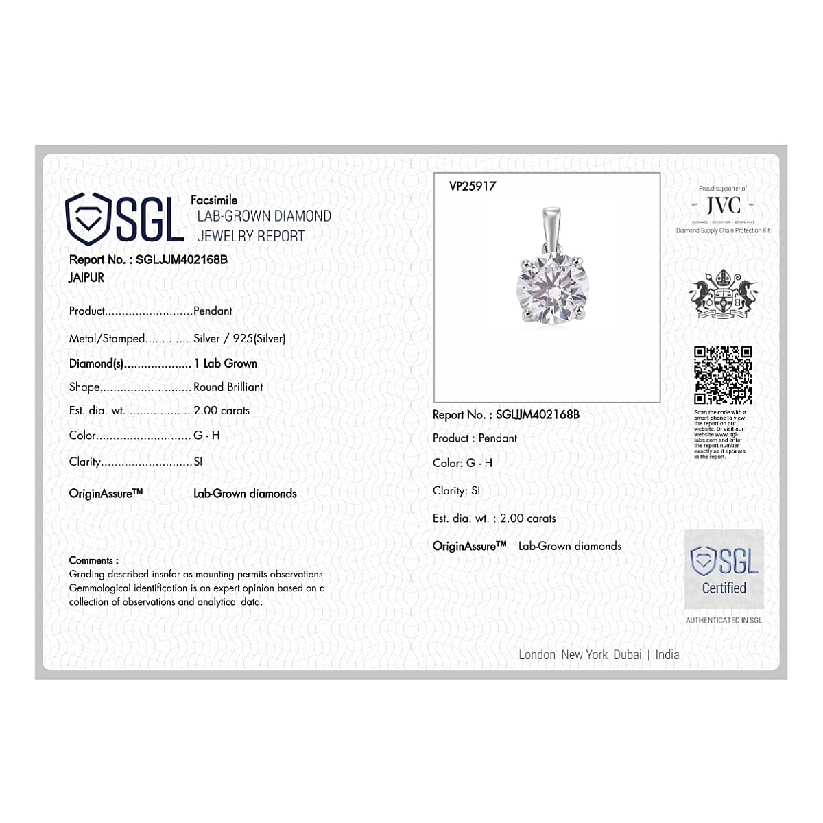 Luxuriant - SGL Certified Lab Grown Diamond (SI-G-H) Pendant with Chain (Size 20) in Rhodium Overlay Sterling Silver 2.00 Ct.
