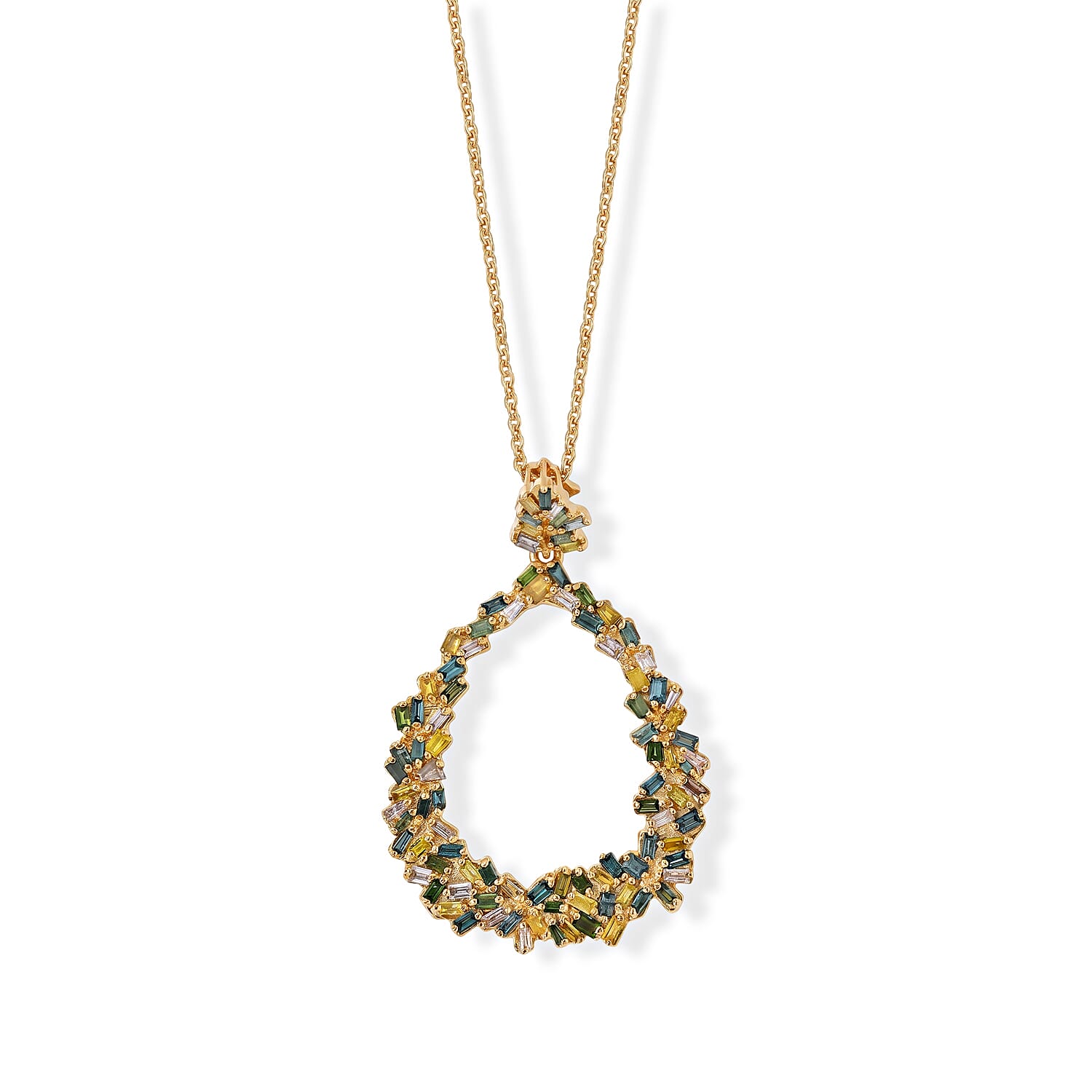 GP - Multi Diamond & Blue Sapphire Floral Teardrop Pendant with Chain (Size 20) in 18K Vermeil Yellow Gold Plated Sterling Silver 0.55 Ct.
