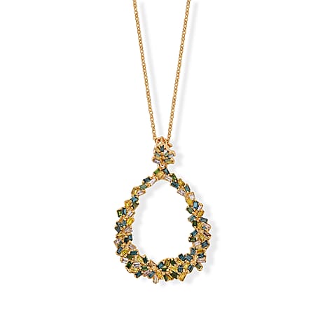 GP - Multi Diamond & Blue Sapphire Floral Teardrop Pendant with Chain (Size 20) in 18K Vermeil Yellow Gold Plated Sterling Silver 0.55 Ct.