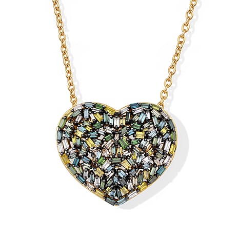 GP - Multi Diamond & Blue Sapphire Heart Pendant with Chain (Size 20) in 18K Vermeil Yellow Gold Plated Sterling Silver 1.05 Ct.