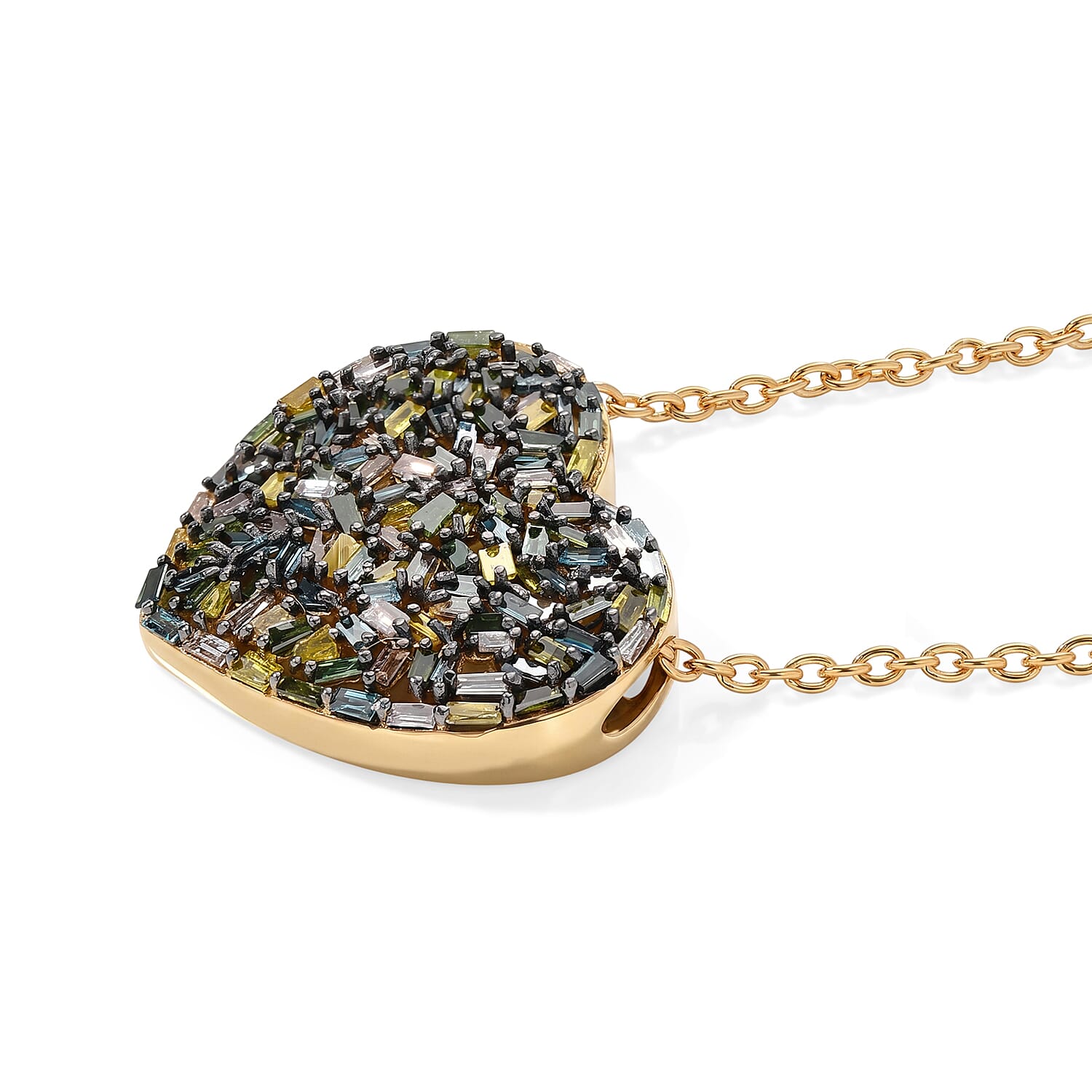 GP - Multi Diamond & Blue Sapphire Heart Pendant with Chain (Size 20) in 18K Vermeil Yellow Gold Plated Sterling Silver 1.05 Ct.