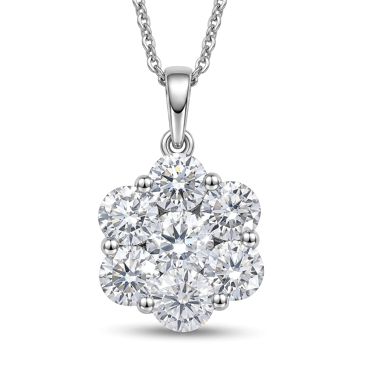 Royal Bali Collection - D'Joy Moissanite Pressure Set Pendant with Chain (Size 20) in Platinum Overlay Sterling Silver 2.00 Ct.