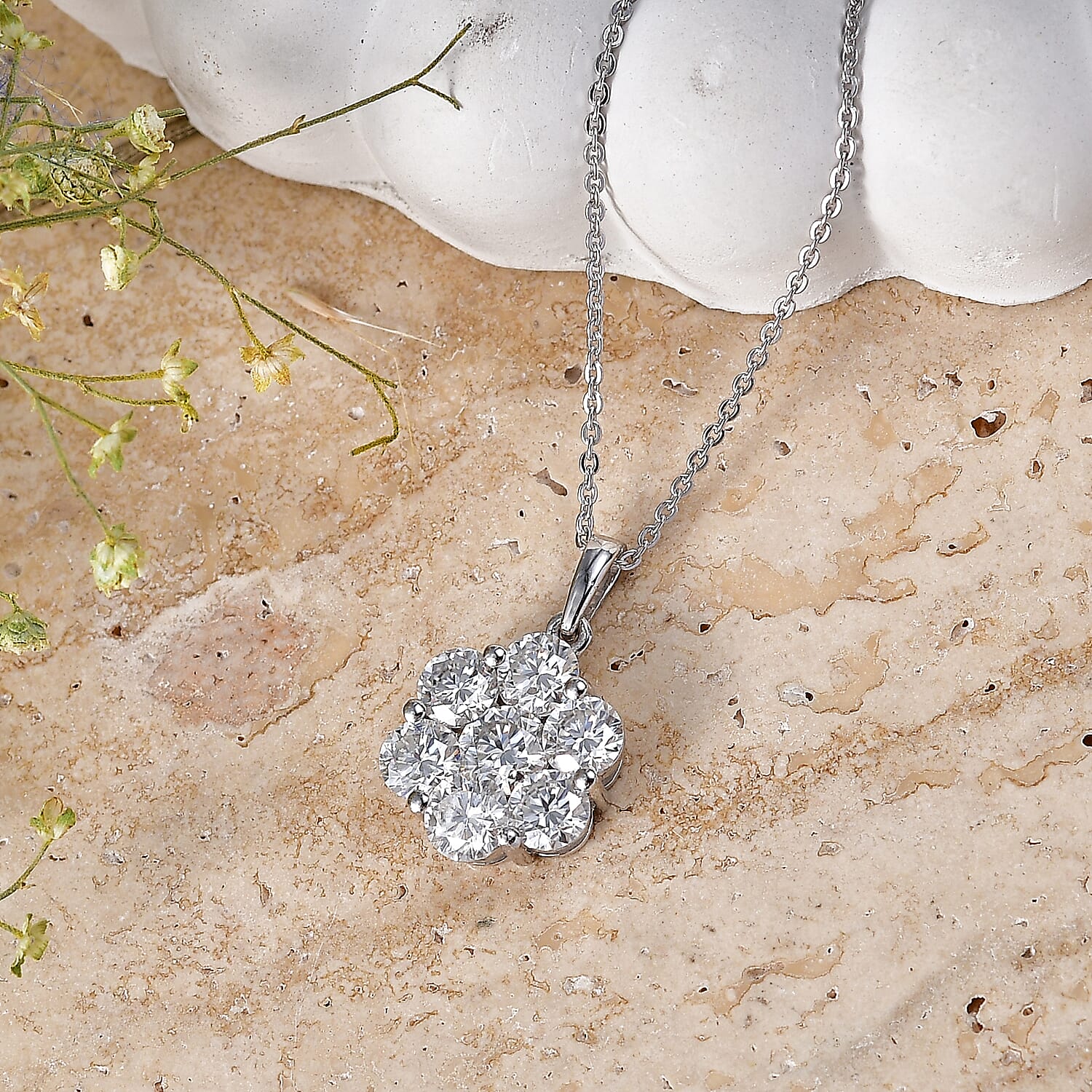 Royal Bali Collection - D'Joy Moissanite Pressure Set Pendant with Chain (Size 20) in Platinum Overlay Sterling Silver 2.00 Ct.