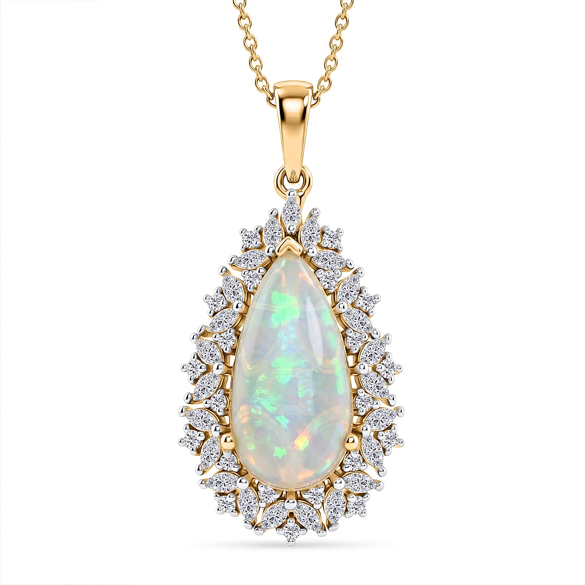 D'Joy - Ethiopian Opal & Moissanite Halo Pendant with Chain (Size 20) in 18K Vermeil Yellow Gold Plated Sterling Silver 5.24 Ct.