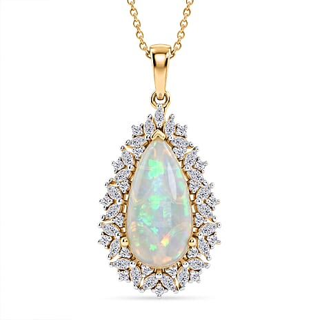 Ethiopian Opal,  Moissanite Pendant with Chain (Size 20) in 18K YG Vermeil Sterling Silver 1.15 ct  Silver Wt. 5.75 Gms  5.260  Ct.