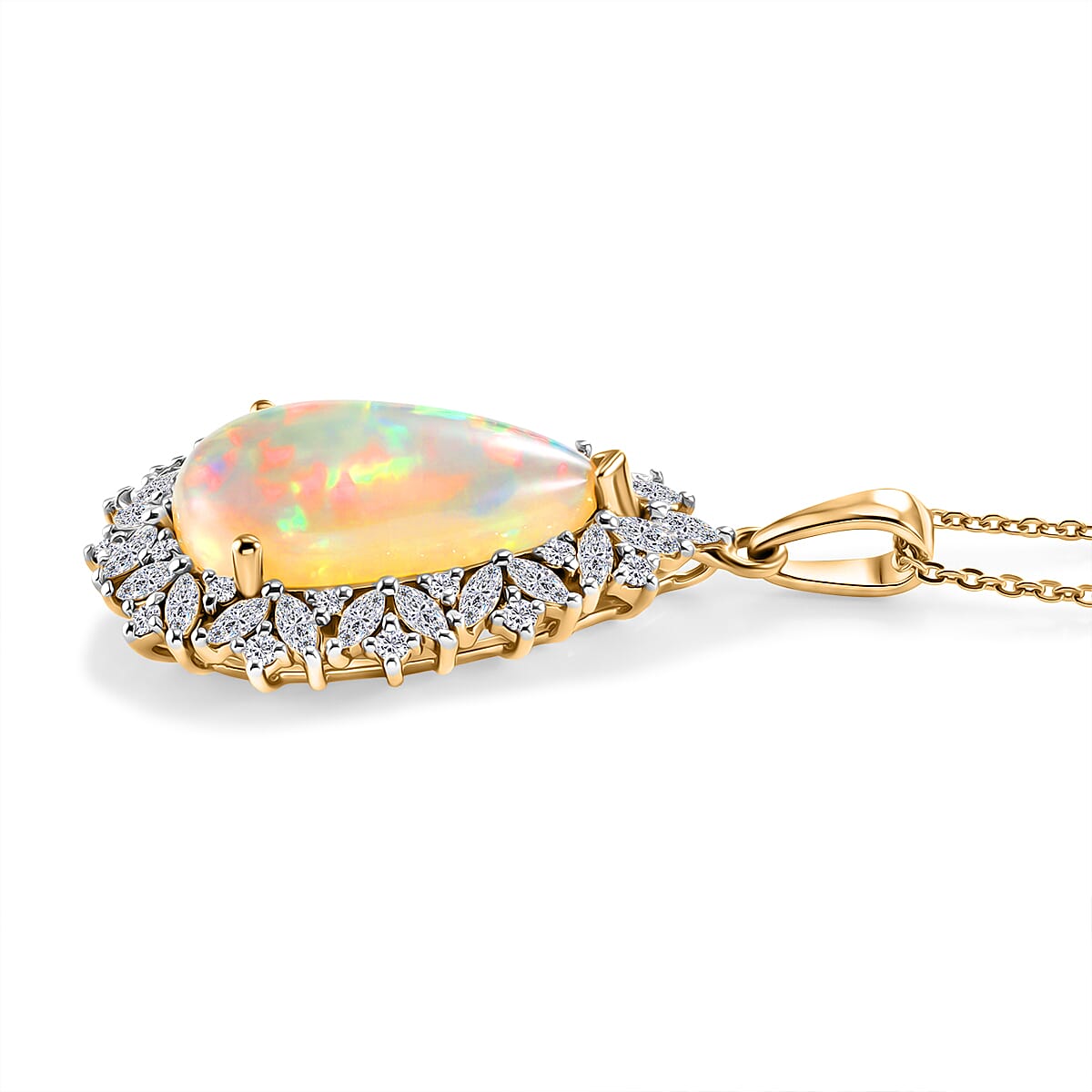 D'Joy - Ethiopian Opal & Moissanite Halo Pendant with Chain (Size 20) in 18K Vermeil Yellow Gold Plated Sterling Silver 5.24 Ct.