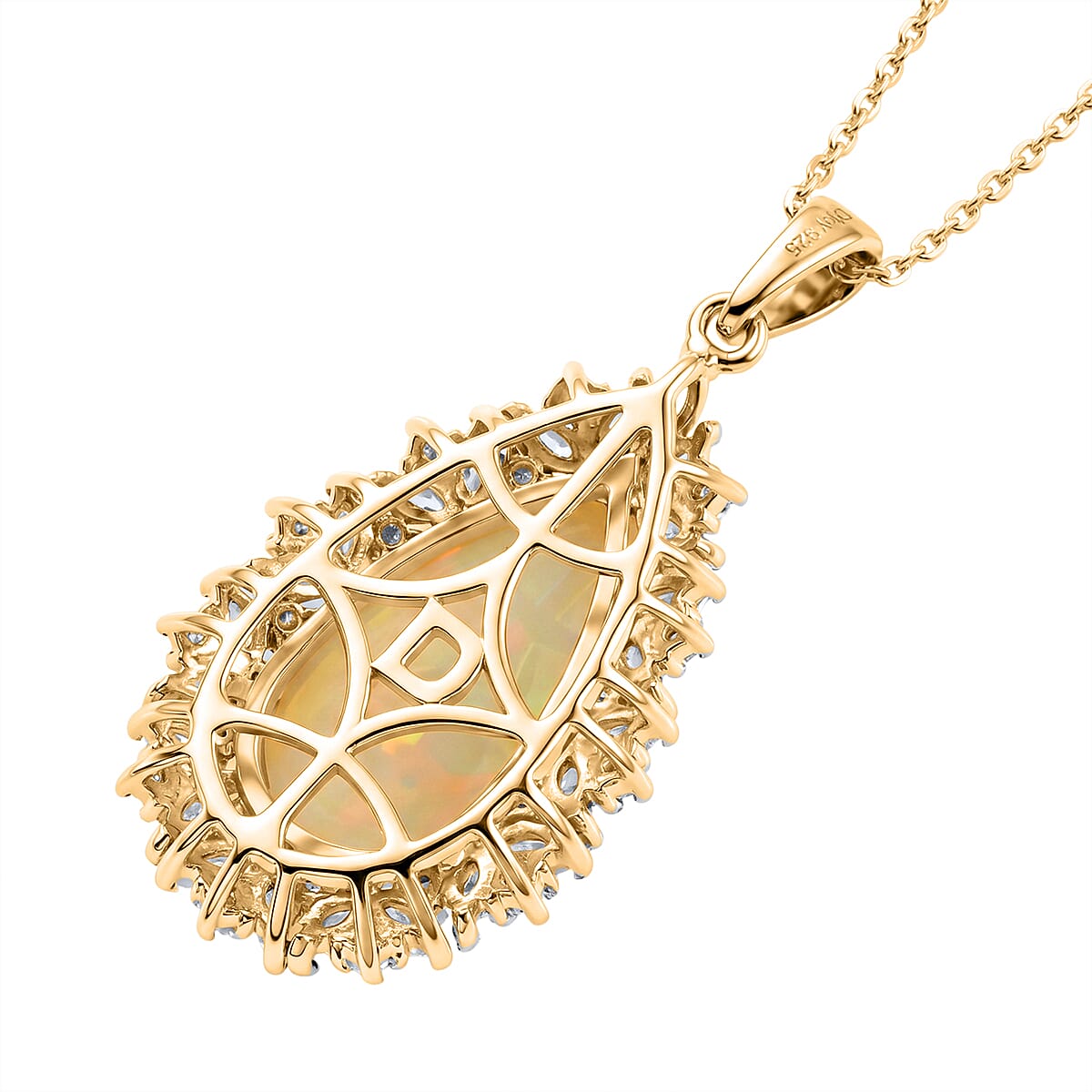D'Joy - Ethiopian Opal & Moissanite Halo Pendant with Chain (Size 20) in 18K Vermeil Yellow Gold Plated Sterling Silver 5.24 Ct.
