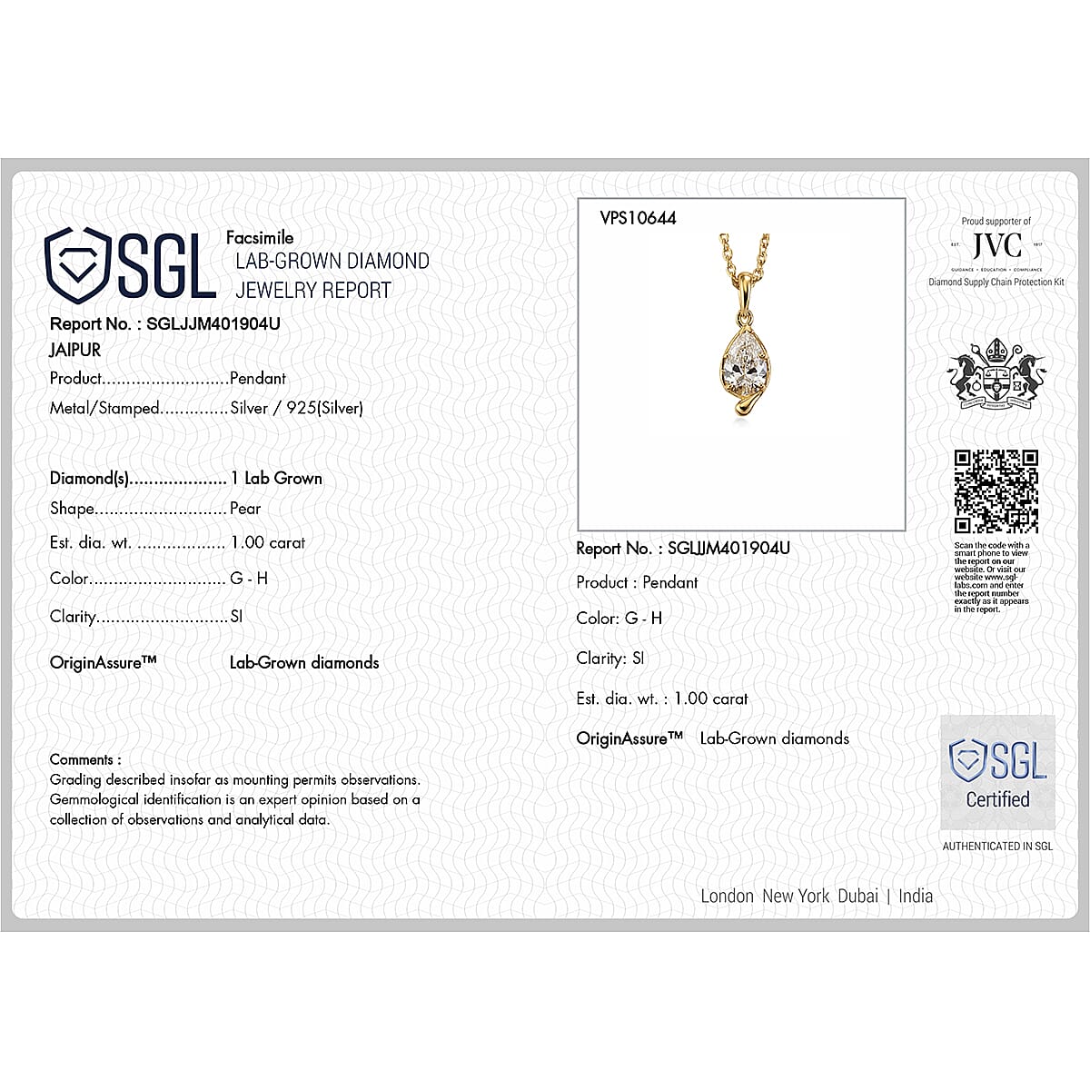 Lucy Q - SGL Certified Lab Grown Diamond (SI-G-H) Pear Cut Solitaire Pendant with Chain (Size 20) in 18K Vermeil Yellow Gold Plated Sterling Silver 1.05 Ct.