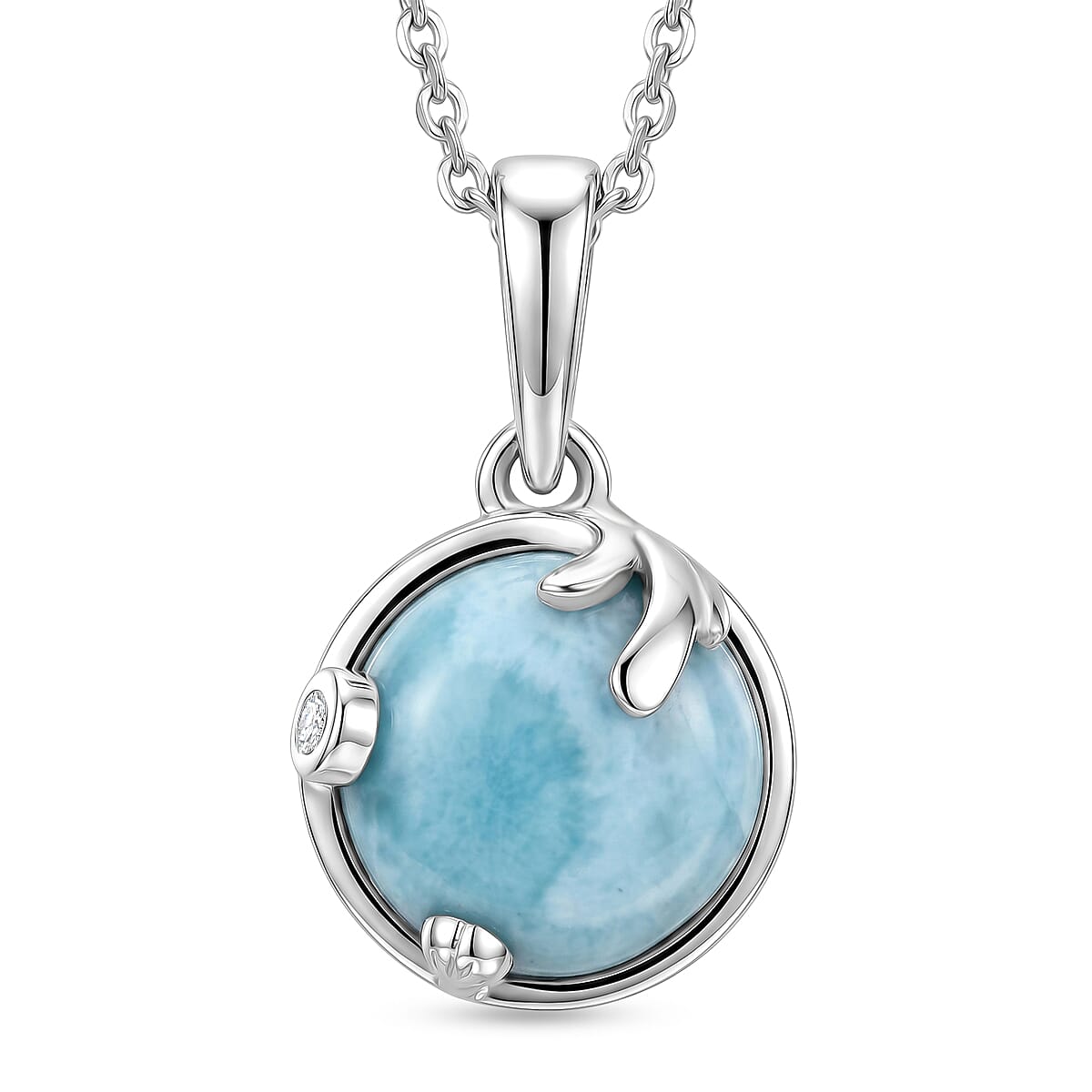 D'Joy - Larimar & White Zircon Pendant with Chain (Size 20) in Platinum Overlay Sterling Silver 2.36 Ct.