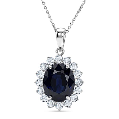 Luxuriant - Blue Sapphire (Oval 12x10 mm, 7.10Cts) & Lab Grown Diamond (SI- G-H, 1.00Cts) Pendant with Chain (Size - 20) in Rhodium Overlay Sterling Silver 8.10 Ct.