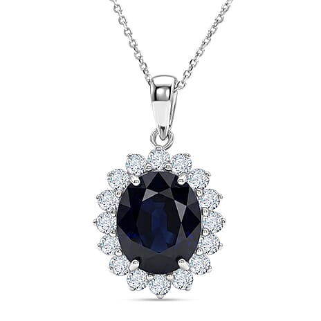 Luxuriant - Blue Sapphire (Oval 12x10 mm, 7.10Cts) & Lab Grown Diamond (SI- G-H, 1.00Cts) Pendant with Chain (Size - 20) in Rhodium Overlay Sterling Silver 8.10 Ct.