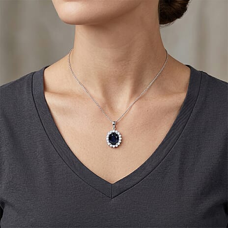 Luxuriant - Blue Sapphire (Oval 12x10 mm, 7.10Cts) & Lab Grown Diamond (SI- G-H, 1.00Cts) Pendant with Chain (Size - 20) in Rhodium Overlay Sterling Silver 8.10 Ct.