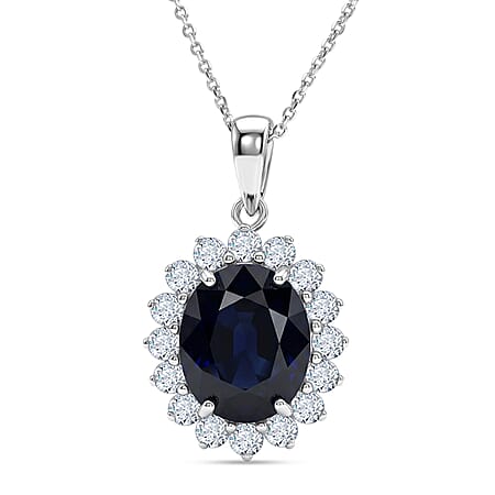Luxuriant - Kanchanaburi Blue Sapphire (Oval 12x10 mm, 7.10Cts) & Lab Grown Diamond (SI- G-H, 1.00Cts) Halo Pendant with Chain (Size - 20) in Rhodium Overlay Sterling Silver 6.75 Ct.