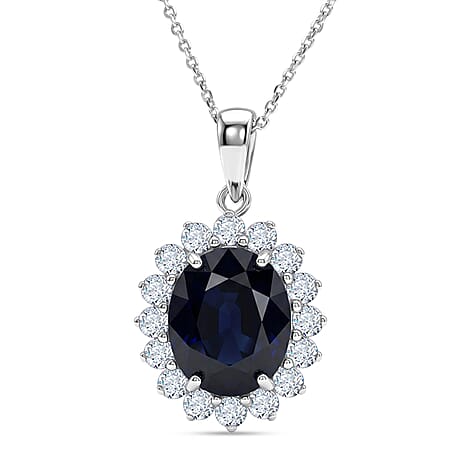 Luxuriant - Kanchanaburi Blue Sapphire (Oval 12x10 mm, 7.10Cts) & Lab Grown Diamond (SI- G-H, 1.00Cts) Halo Pendant with Chain (Size - 20) in Rhodium Overlay Sterling Silver 6.75 Ct.