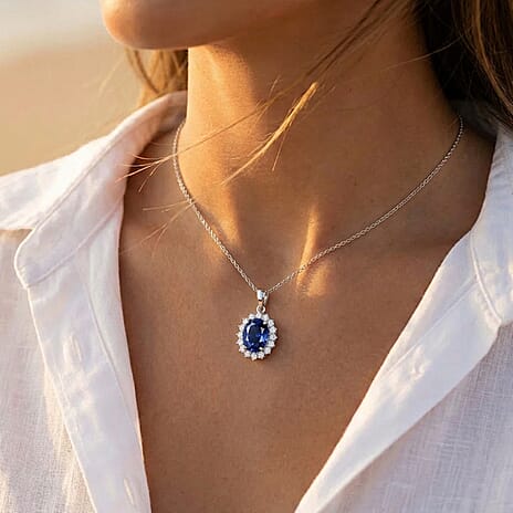 Luxuriant - Kanchanaburi Blue Sapphire (Oval 12x10 mm, 7.10Cts) & Lab Grown Diamond (SI- G-H, 1.00Cts) Halo Pendant with Chain (Size - 20) in Rhodium Overlay Sterling Silver 6.75 Ct.