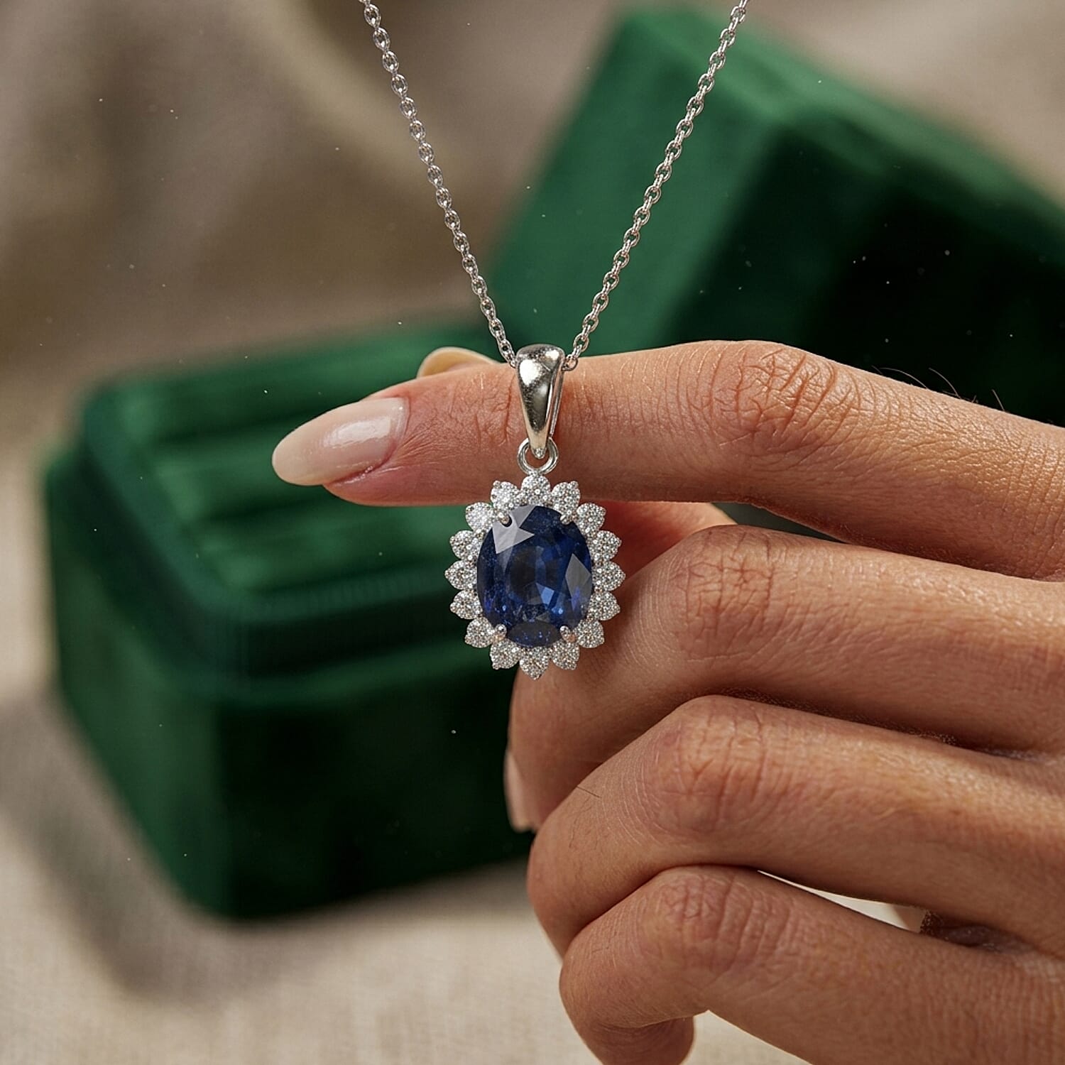 Luxuriant - Kanchanaburi Blue Sapphire (Oval 12x10 mm, 7.10Cts) & Lab Grown Diamond (SI- G-H, 1.00Cts) Halo Pendant with Chain (Size - 20) in Rhodium Overlay Sterling Silver 6.75 Ct.