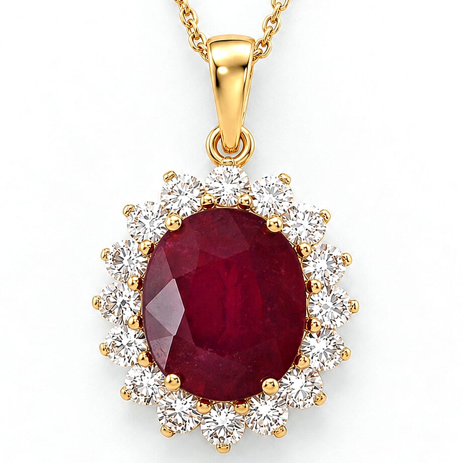 Luxuriant - African Ruby (7.15 Ct) & Lab Grown Diamond (1.00 Ct) Halo Pendant with Chain (Size 20) in 18K Vermeil Yellow Gold Plated Sterling Silver 8.40 Ct.