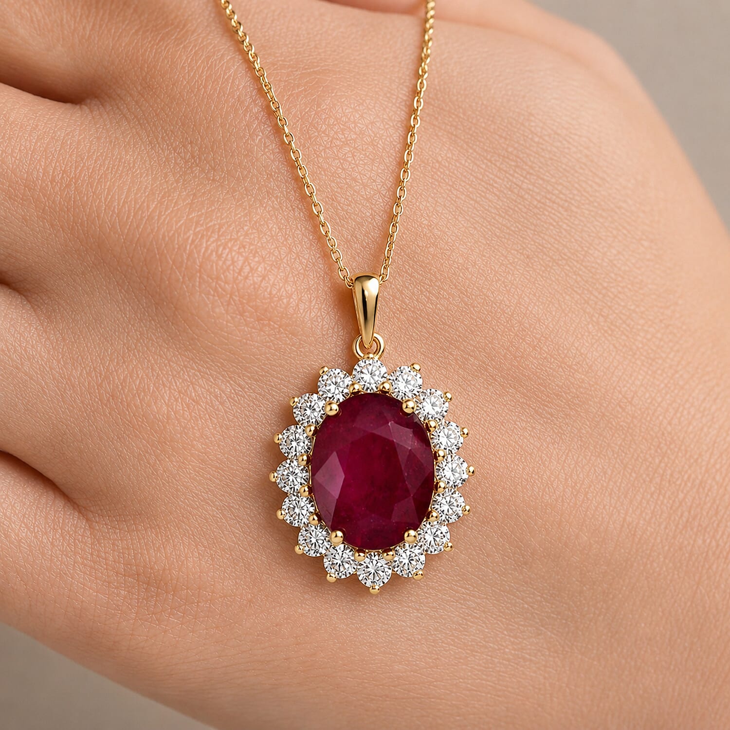Luxuriant - African Ruby (7.15 Ct) & Lab Grown Diamond (1.00 Ct) Halo Pendant with Chain (Size 20) in 18K Vermeil Yellow Gold Plated Sterling Silver 8.40 Ct.
