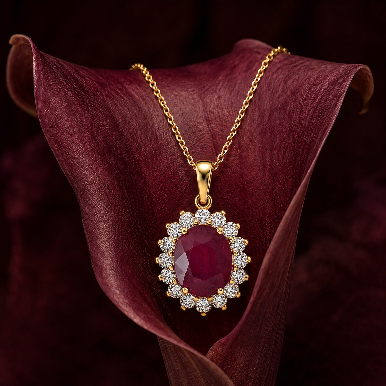 Luxuriant - African Ruby (7.15 Ct) & Lab Grown Diamond (1.00 Ct) Halo Pendant with Chain (Size 20) in 18K Vermeil Yellow Gold Plated Sterling Silver 8.40 Ct.