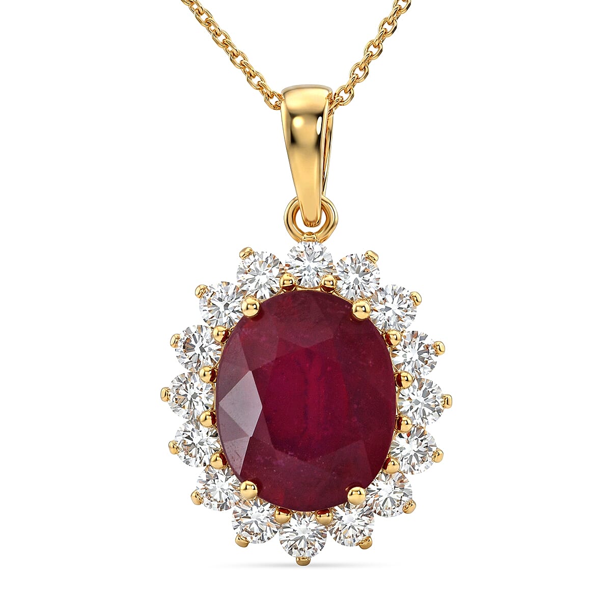 Luxuriant - African Ruby (7.15 Ct) & Lab Grown Diamond (1.00 Ct) Halo Pendant with Chain (Size 20) in 18K Vermeil Sterling Silver 8.16 Ct.