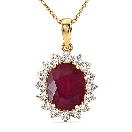 Luxuriant - African Ruby (7.15 Ct) & Lab Grown Diamond (1.00 Ct) Halo Pendant with Chain (Size 20) in 18K Vermeil Sterling Silver 8.16 Ct.