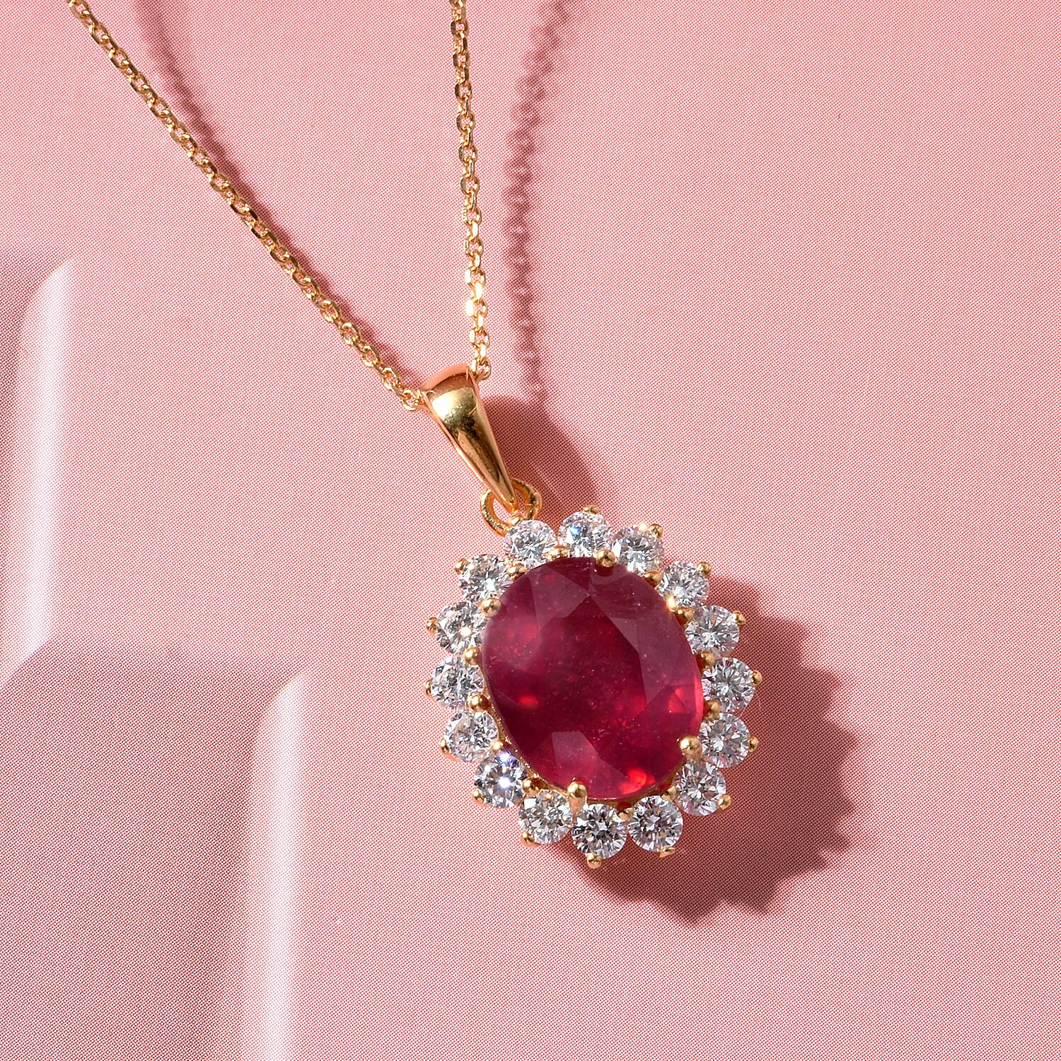 Luxuriant - African Ruby (7.15 Ct) & Lab Grown Diamond (1.00 Ct) Halo Pendant with Chain (Size 20) in 18K Vermeil Sterling Silver 8.16 Ct.