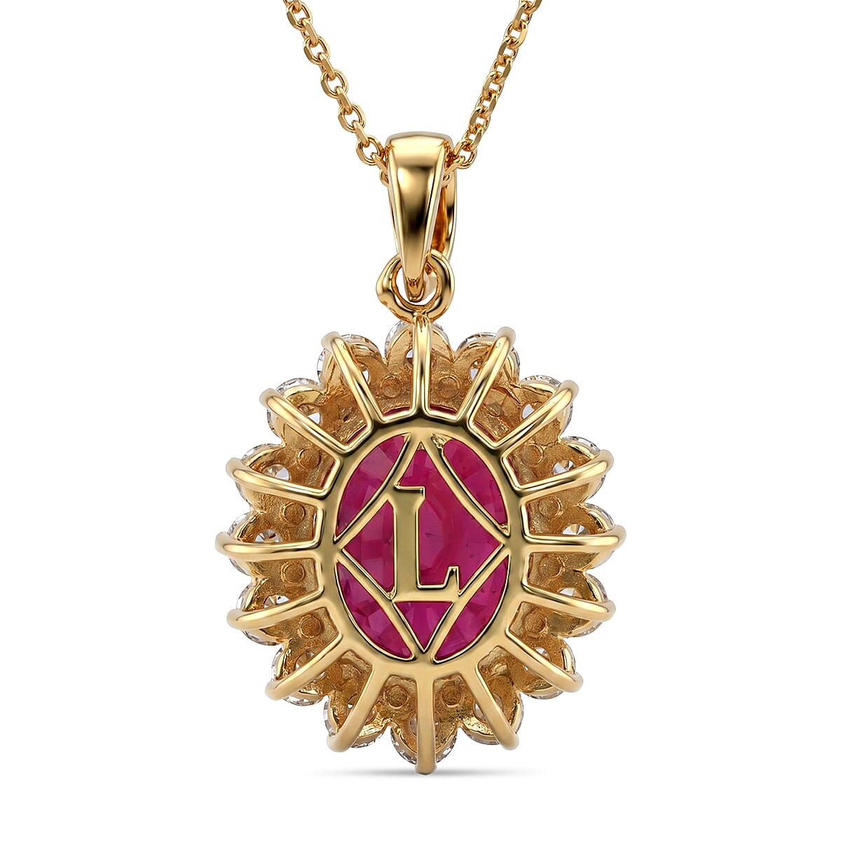 Luxuriant - African Ruby (7.15 Ct) & Lab Grown Diamond (1.00 Ct) Halo Pendant with Chain (Size 20) in 18K Vermeil Sterling Silver 8.16 Ct.