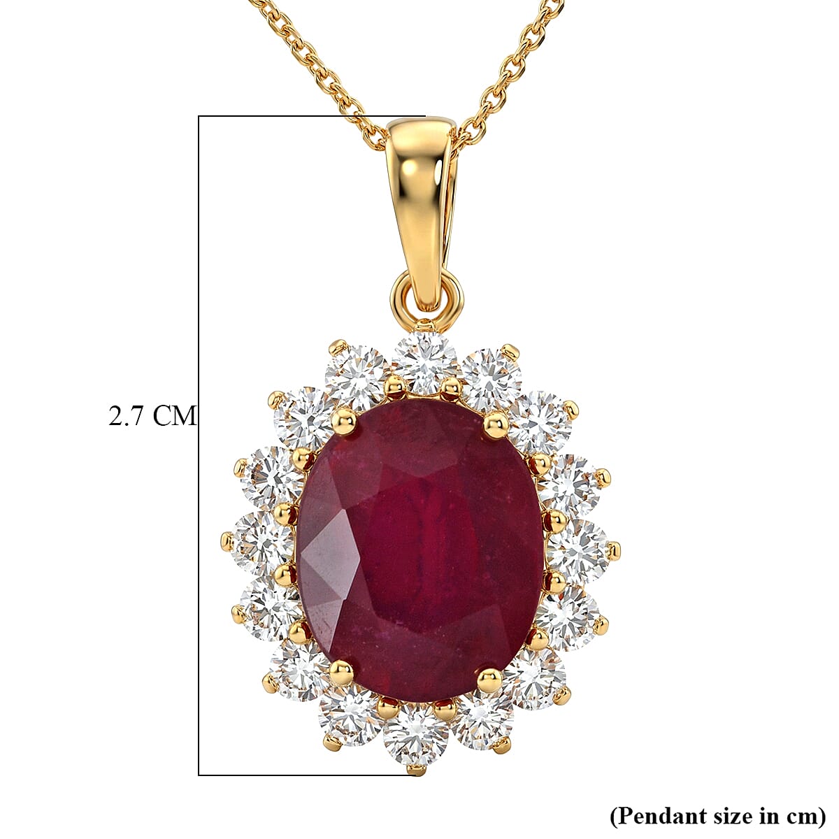 Luxuriant - African Ruby (7.15 Ct) & Lab Grown Diamond (1.00 Ct) Halo Pendant with Chain (Size 20) in 18K Vermeil Sterling Silver 8.16 Ct.
