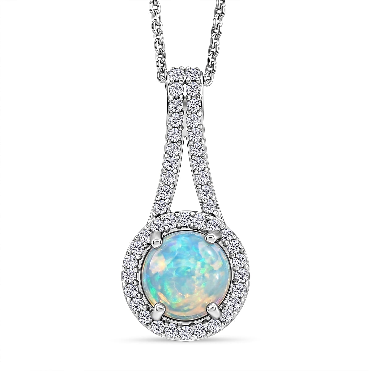 D'Joy - Ethiopian Opal & White Zircon Halo Drop Pendant with Chain (Size 20) in Rhodium Overlay Sterling Silver 1.34 Ct.