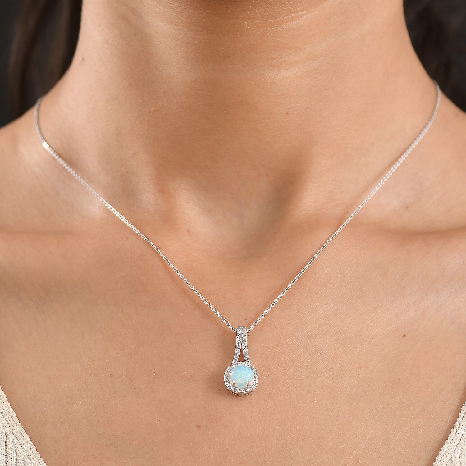 D'Joy - Ethiopian Opal & White Zircon Halo Drop Pendant with Chain (Size 20) in Rhodium Overlay Sterling Silver 1.34 Ct.