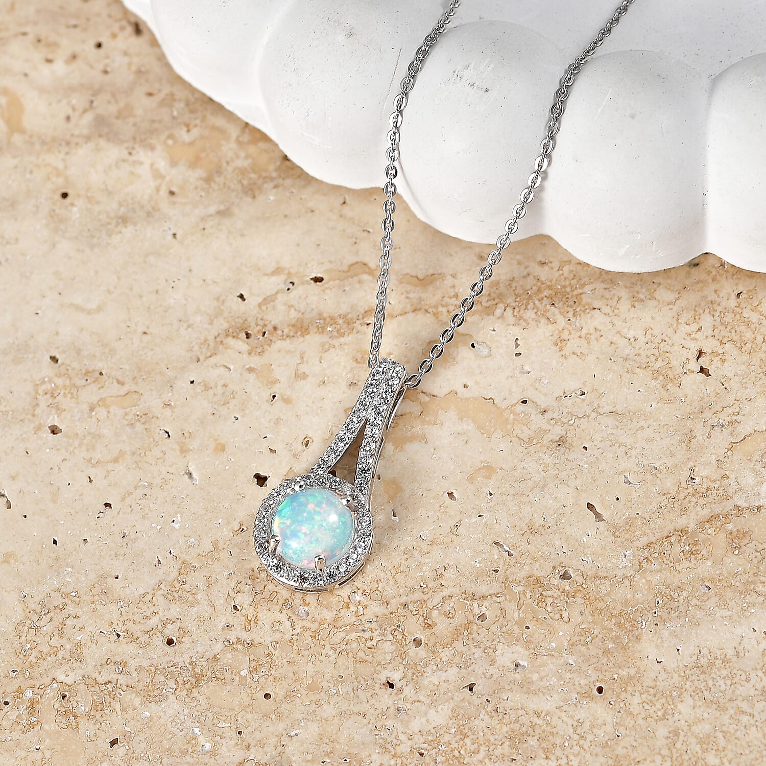 D'Joy - Ethiopian Opal & White Zircon Halo Drop Pendant with Chain (Size 20) in Rhodium Overlay Sterling Silver 1.34 Ct.