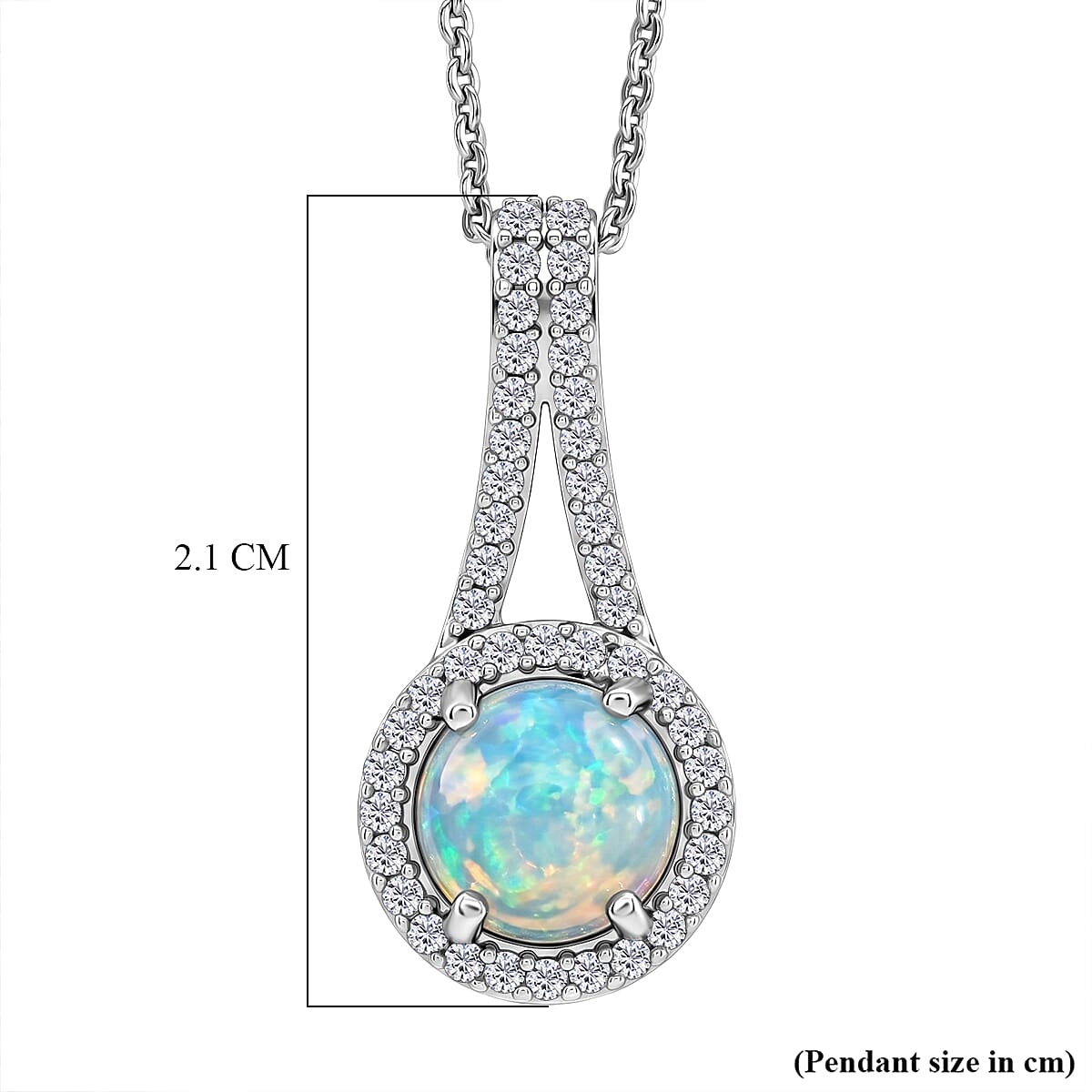 D'Joy - Ethiopian Opal & White Zircon Halo Drop Pendant with Chain (Size 20) in Rhodium Overlay Sterling Silver 1.34 Ct.