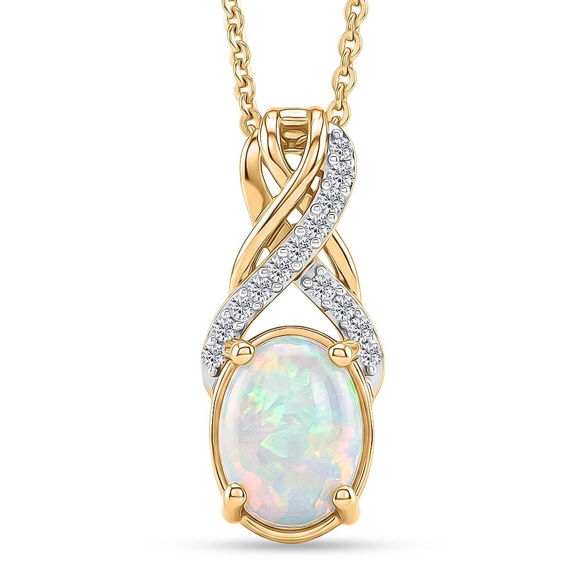 D'Joy - Ethiopian Opal & White Zircon Pendant with Chain (Size 20) in Yellow Gold Plated Sterling Silver 1.06 Ct.