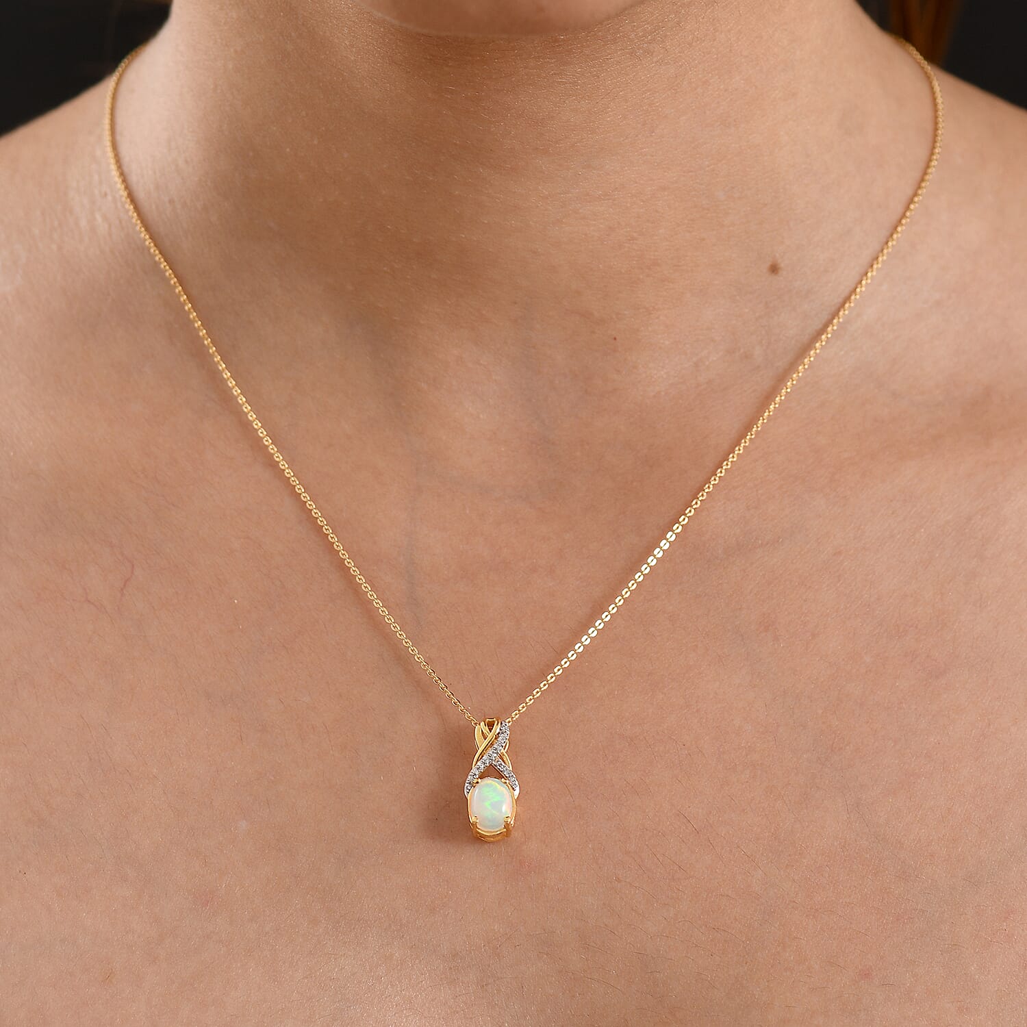 D'Joy - Ethiopian Opal & White Zircon Pendant with Chain (Size 20) in Yellow Gold Plated Sterling Silver 1.06 Ct.