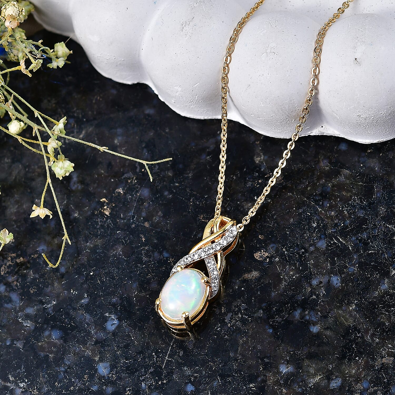 D'Joy - Ethiopian Opal & White Zircon Pendant with Chain (Size 20) in Yellow Gold Plated Sterling Silver 1.06 Ct.