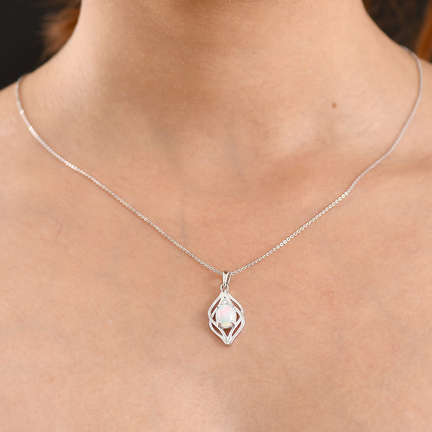 Luxuriant - Ethiopian Opal & Lab Grown Diamond (SI-G-H) Pendant with Chain (Size 20) in Platinum Overlay Sterling Silver 0.88 Ct.