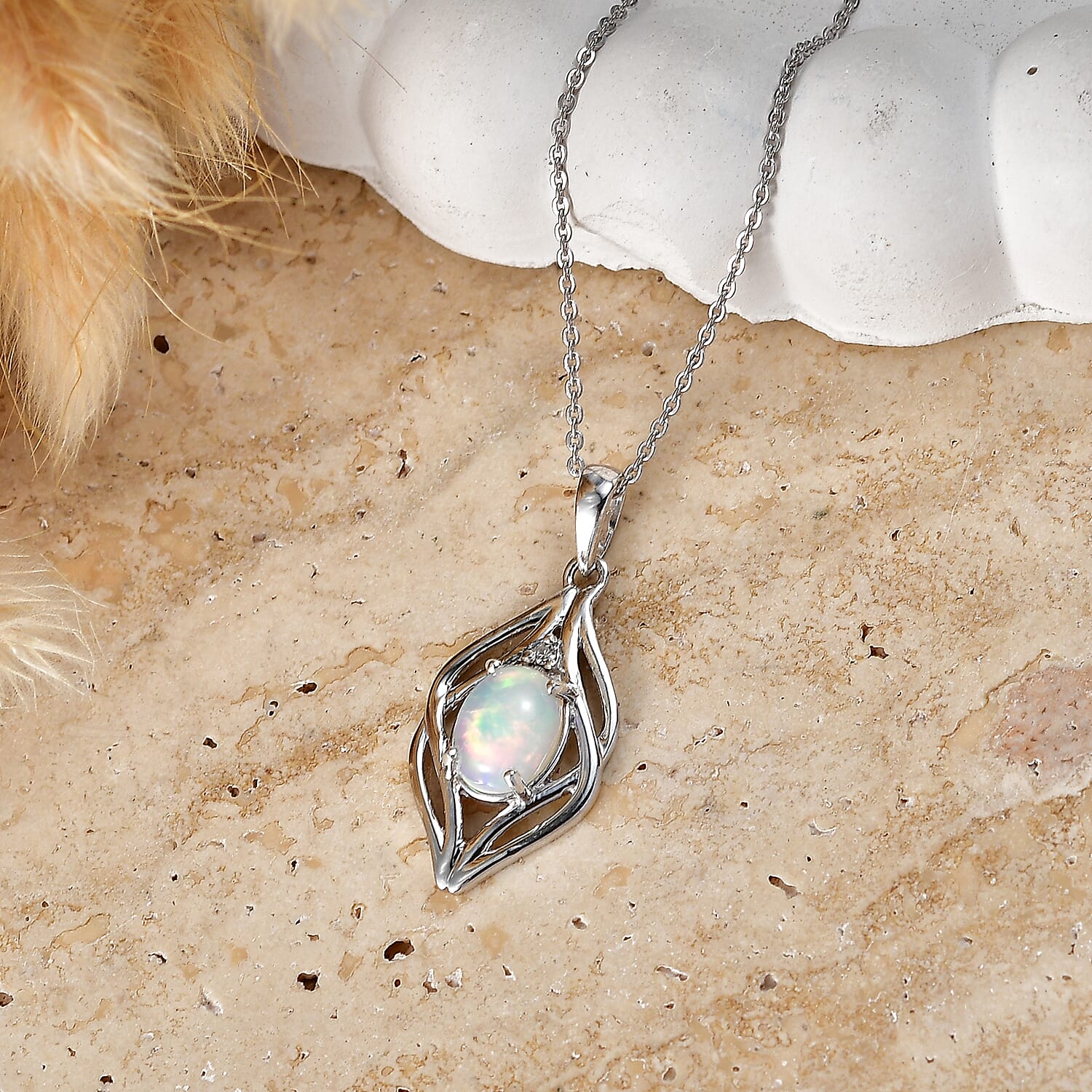 Luxuriant - Ethiopian Opal & Lab Grown Diamond (SI-G-H) Pendant with Chain (Size 20) in Platinum Overlay Sterling Silver 0.88 Ct.