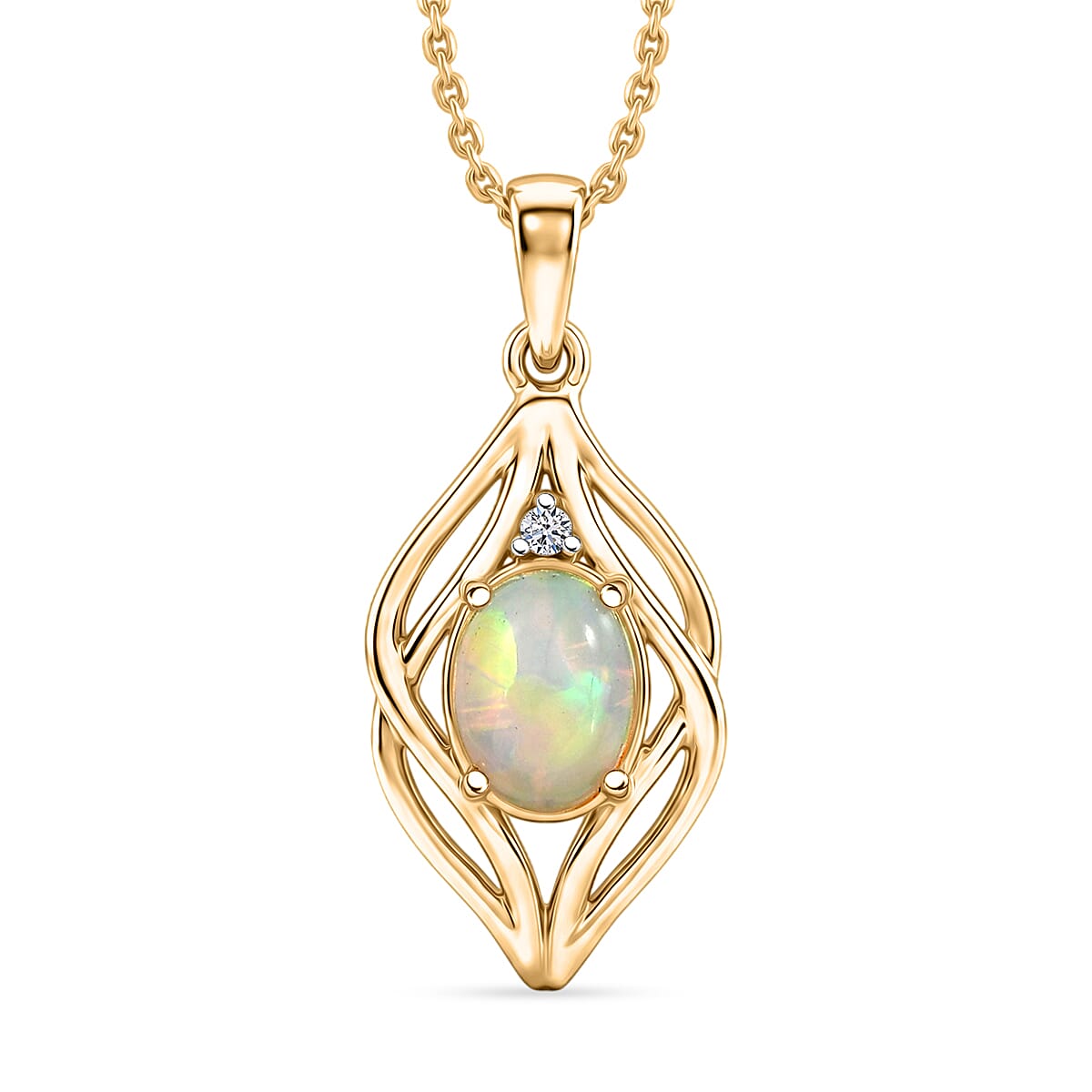 Luxuriant - Ethiopian Opal & Lab Grown Diamond (SI-G-H) Pendant with Chain (Size 20) in Yellow Gold Plated Sterling Silver 0.88 Ct.