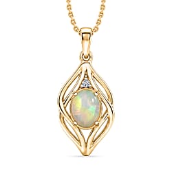 Luxuriant - Ethiopian Opal & Lab Grown Diamond (SI-G-H) Pendant with Chain (Size 20) in Yellow Gold Plated Sterling Silver 0.88 Ct.