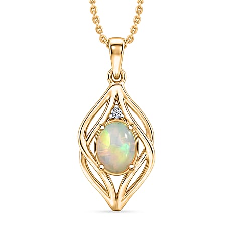 Luxuriant - Ethiopian Opal & Lab Grown Diamond (SI-G-H) Pendant with Chain (Size 20) in Yellow Gold Plated Sterling Silver 0.88 Ct.