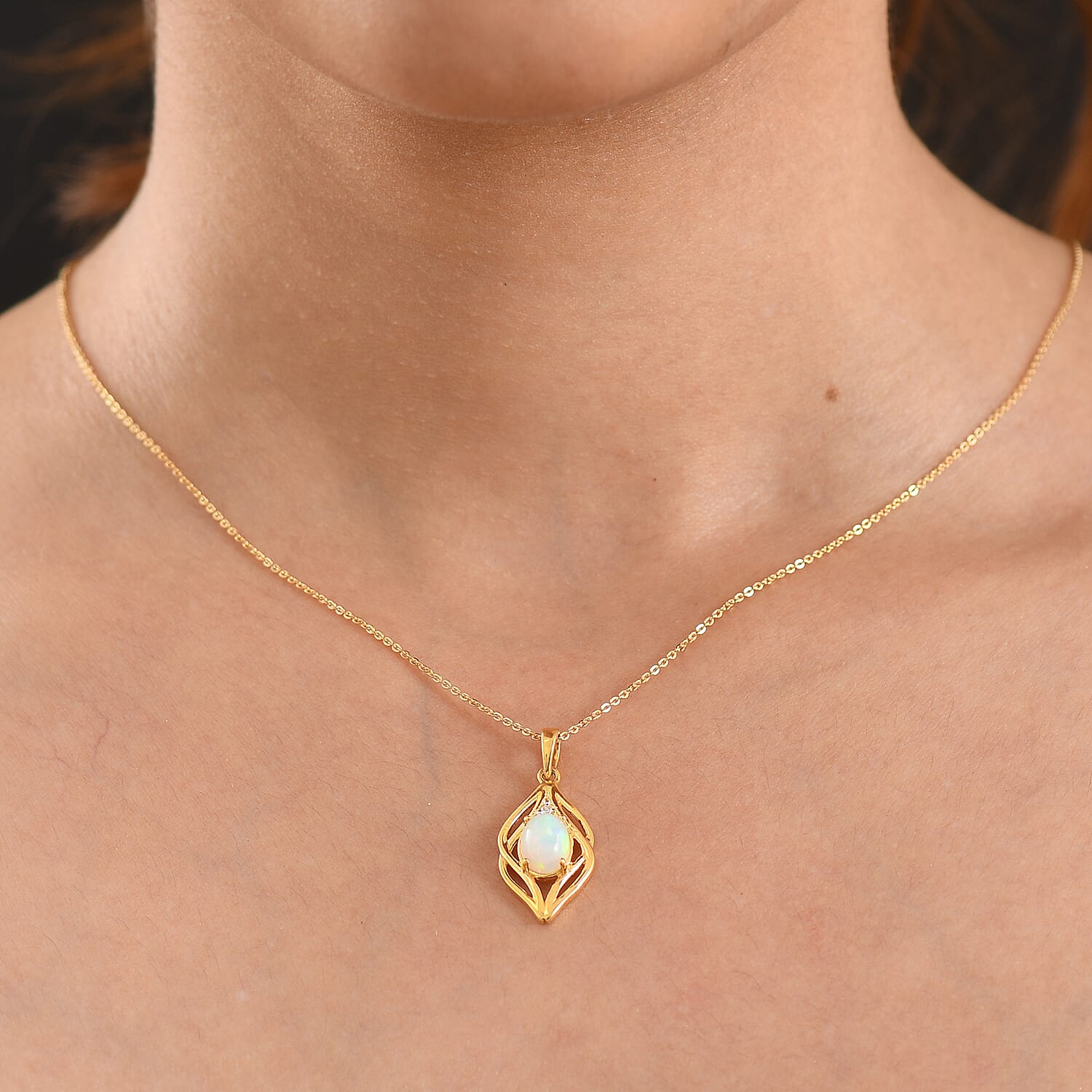 Luxuriant - Ethiopian Opal & Lab Grown Diamond (SI-G-H) Pendant with Chain (Size 20) in Yellow Gold Plated Sterling Silver 0.88 Ct.