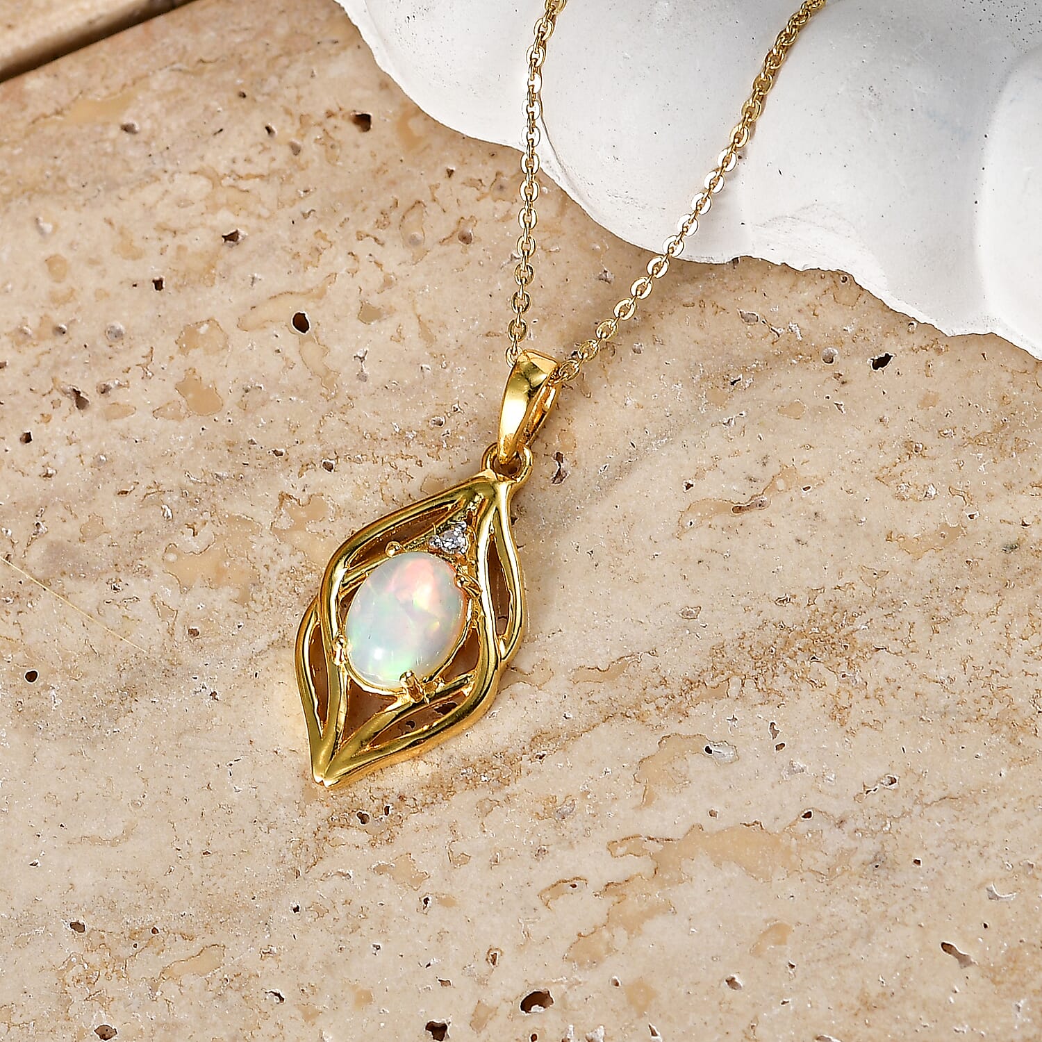 Luxuriant - Ethiopian Opal & Lab Grown Diamond (SI-G-H) Pendant with Chain (Size 20) in Yellow Gold Plated Sterling Silver 0.88 Ct.