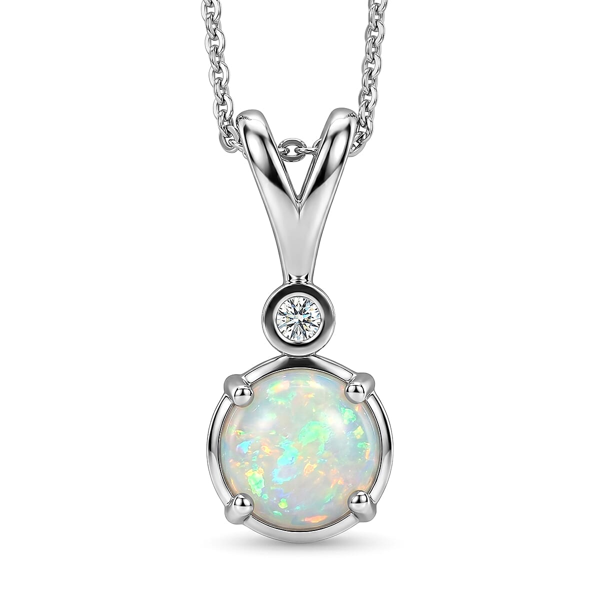 Luxuriant - Ethiopian Opal & Lab Grown Diamond (SI-G-H) Drop Pendant with Chain (Size 20) in Platinum Overlay Sterling Silver 1.00 Ct.