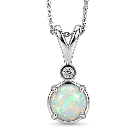 Luxuriant - Ethiopian Opal & Lab Grown Diamond (SI-G-H) Drop Pendant with Chain (Size 20) in Platinum Overlay Sterling Silver 1.00 Ct.