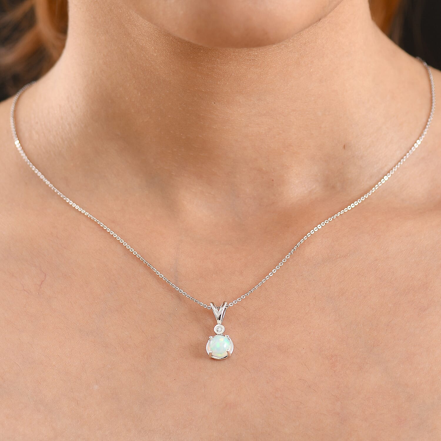 Luxuriant - Ethiopian Opal & Lab Grown Diamond (SI-G-H) Drop Pendant with Chain (Size 20) in Platinum Overlay Sterling Silver 1.00 Ct.