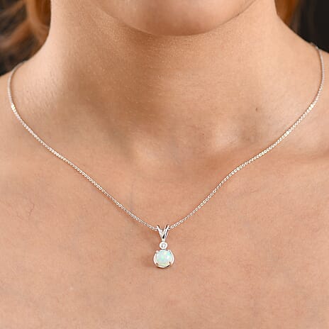 Luxuriant - Ethiopian Opal & Lab Grown Diamond (SI-G-H) Drop Pendant with Chain (Size 20) in Platinum Overlay Sterling Silver 1.00 Ct.