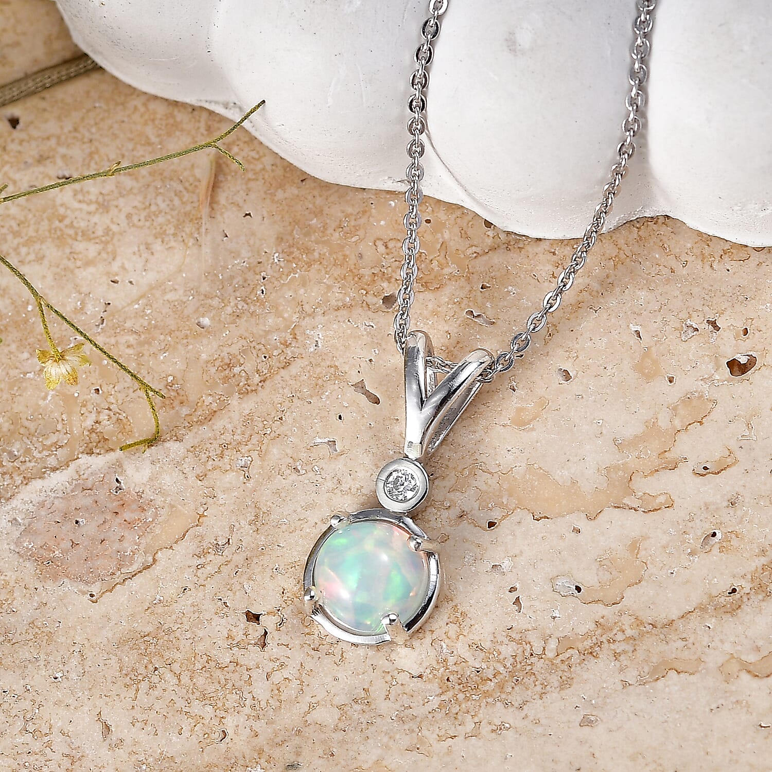 Luxuriant - Ethiopian Opal & Lab Grown Diamond (SI-G-H) Drop Pendant with Chain (Size 20) in Platinum Overlay Sterling Silver 1.00 Ct.