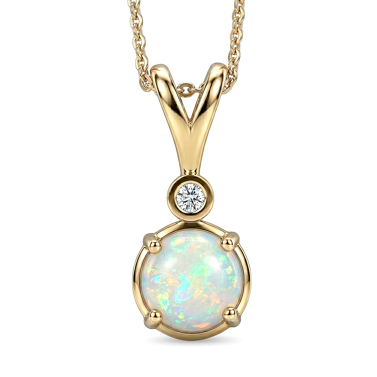 Luxuriant - Ethiopian Opal & Lab Grown Diamond (SI-G-H) Drop Pendant with Chain (Size 20) in Yellow Gold Plated Sterling Silver 1.00 Ct.
