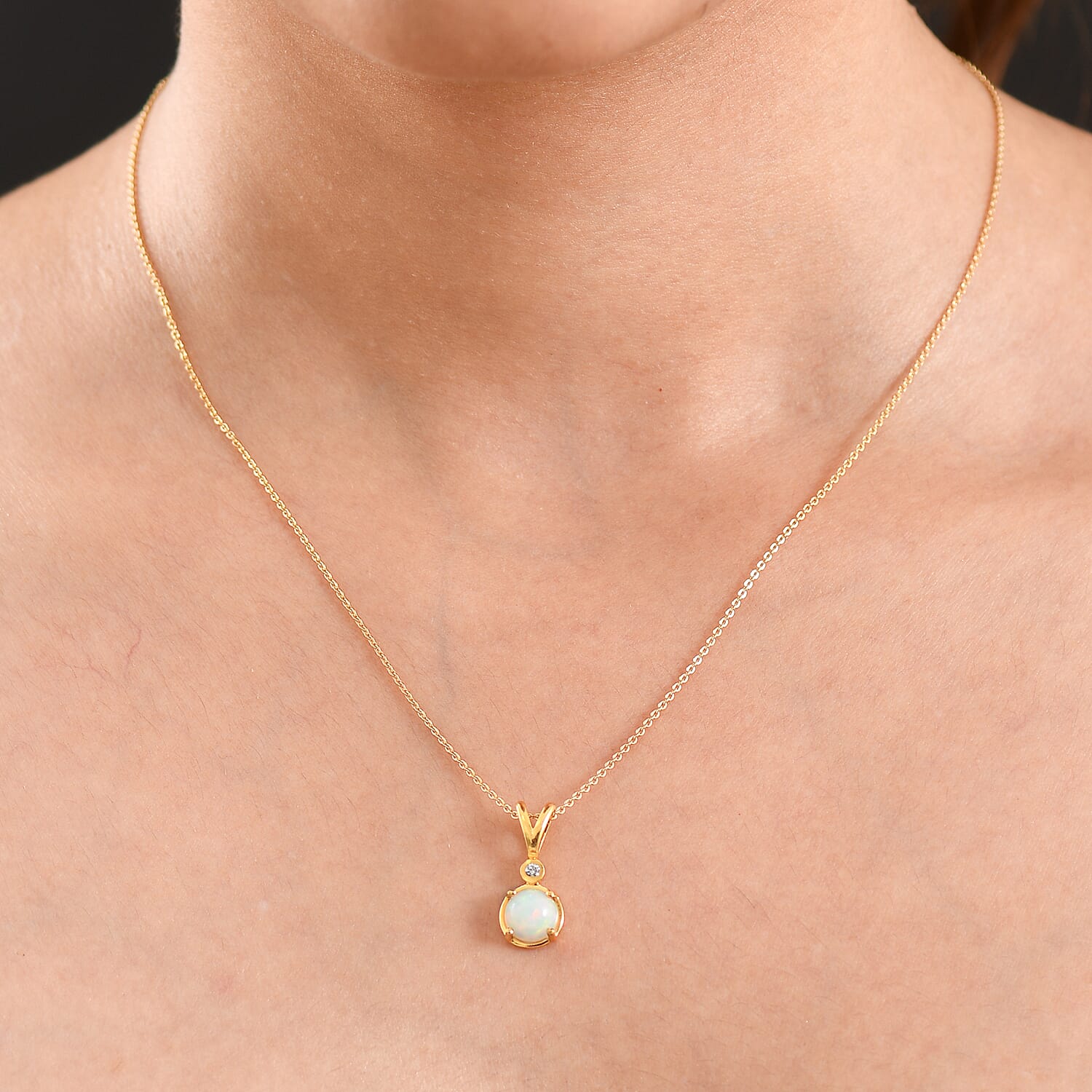 Luxuriant - Ethiopian Opal & Lab Grown Diamond (SI-G-H) Drop Pendant with Chain (Size 20) in Yellow Gold Plated Sterling Silver 1.00 Ct.